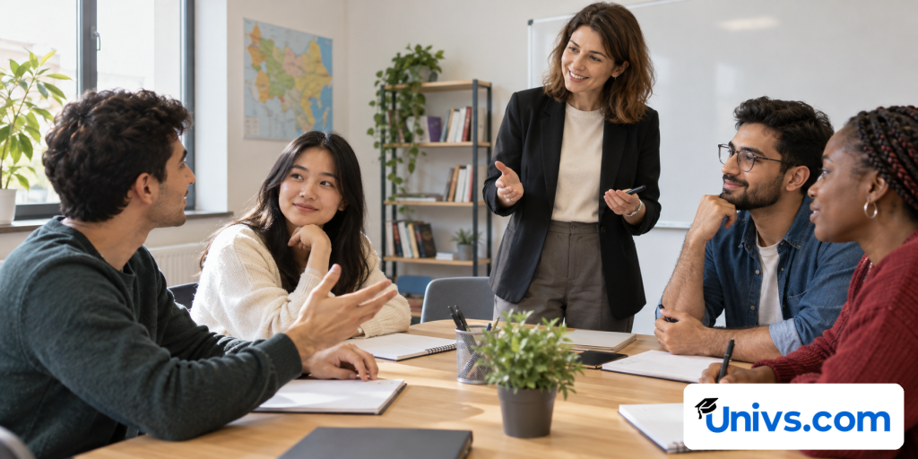 A small group of students talk with an instructor in a classroom.