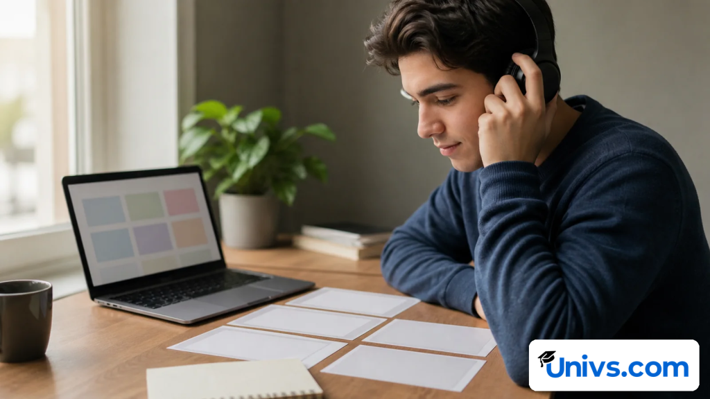 A student studies with headphones while reviewing blank cards at a laptop.