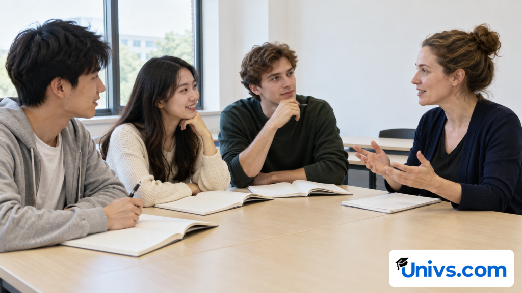 Three students discuss an exercise with an instructor around a classroom table.