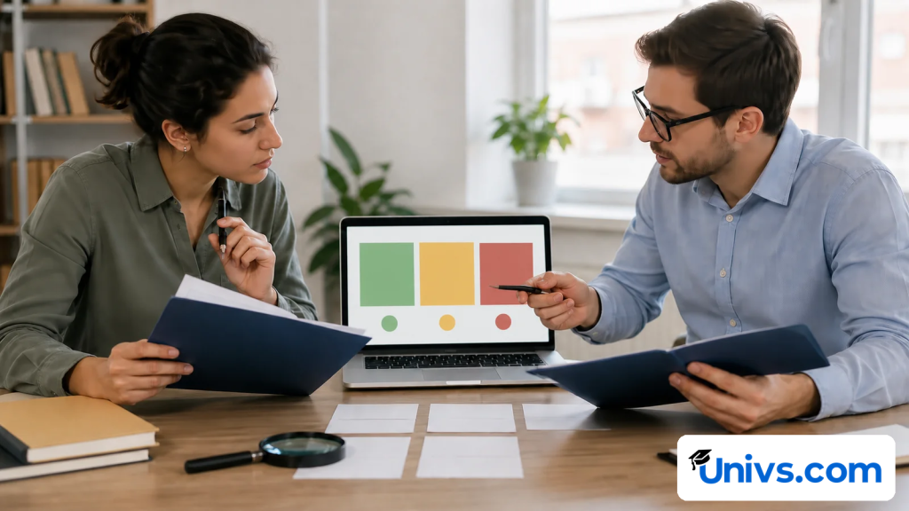 A student and adviser compare folders with an abstract status screen and magnifier.