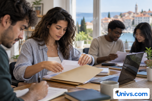 A student carefully organising university admission documents into plain folders beside a laptop with an unreadable screen
