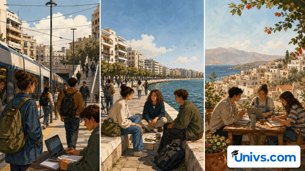 Three illustrated student routines in an urban area, waterfront city and island town.