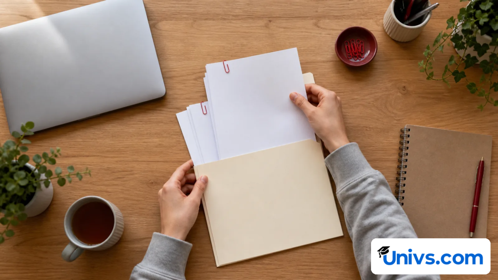 Student arranging blank application papers and a folder beside a laptop on a tidy desk.