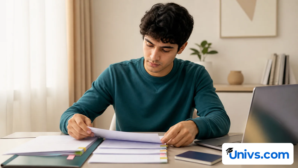 A student reviews university application papers beside a laptop.