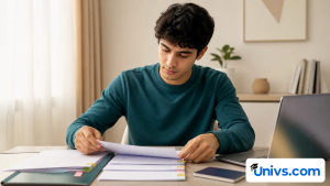 A student reviews university application papers beside a laptop.