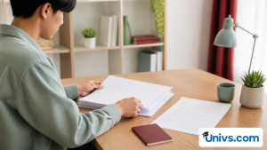 Student arranging blank application documents at a desk.