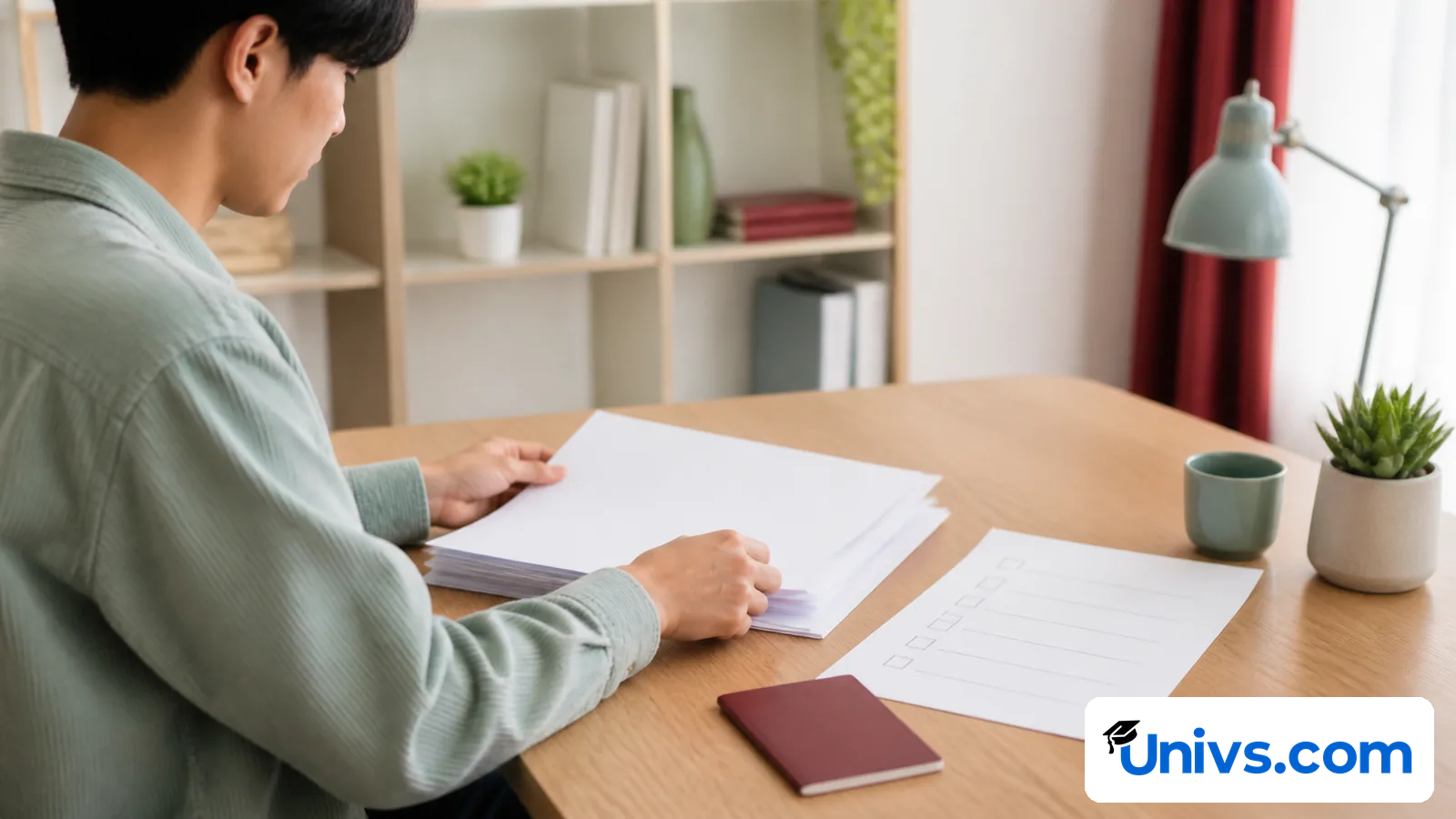 Student arranging blank application documents at a desk.