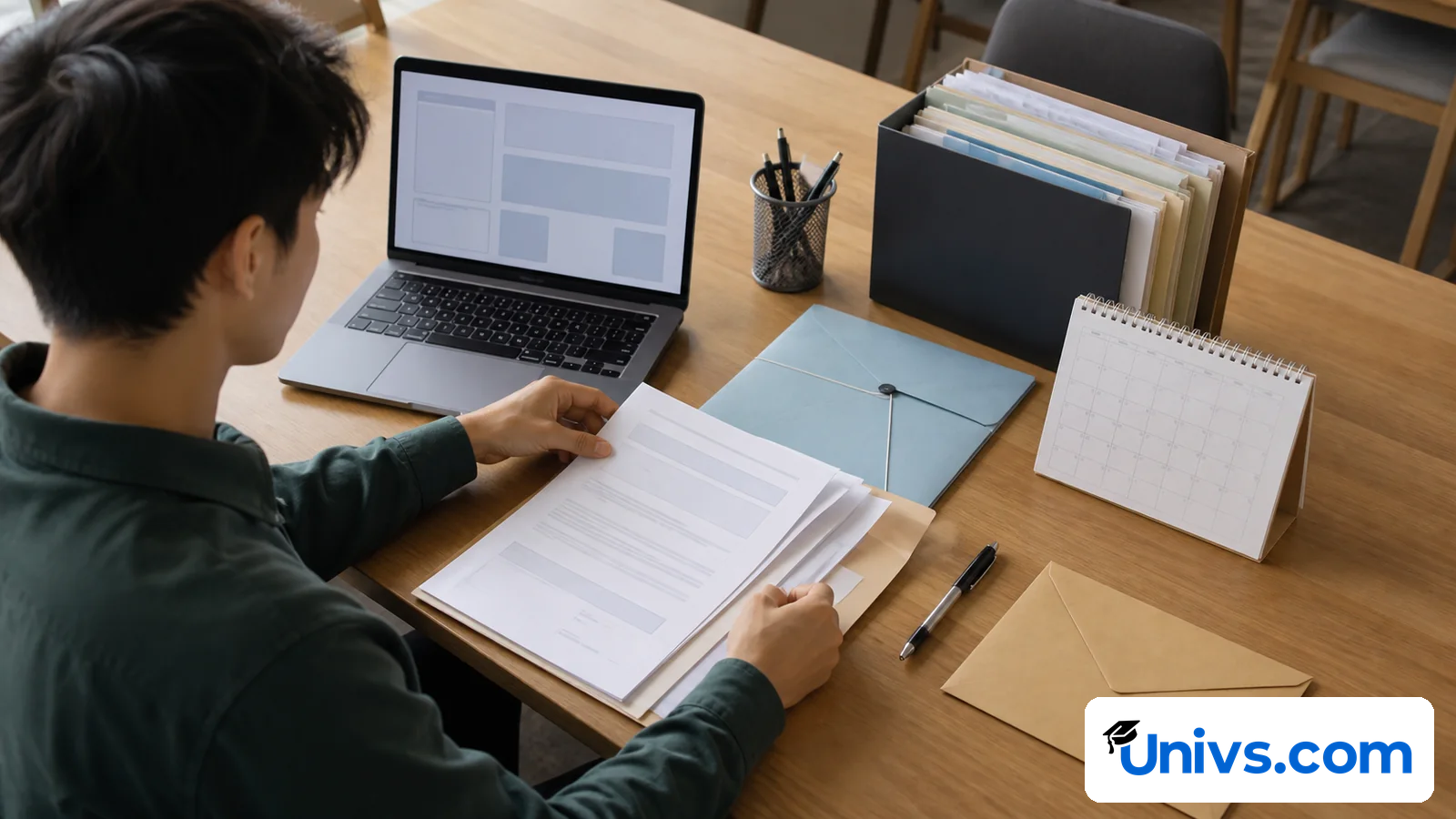 Student organising blank application papers beside a laptop, calendar, folders, and an envelope.