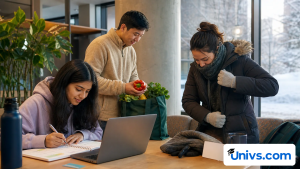 International students sharing a common area with study, grocery and winter-weather essentials.