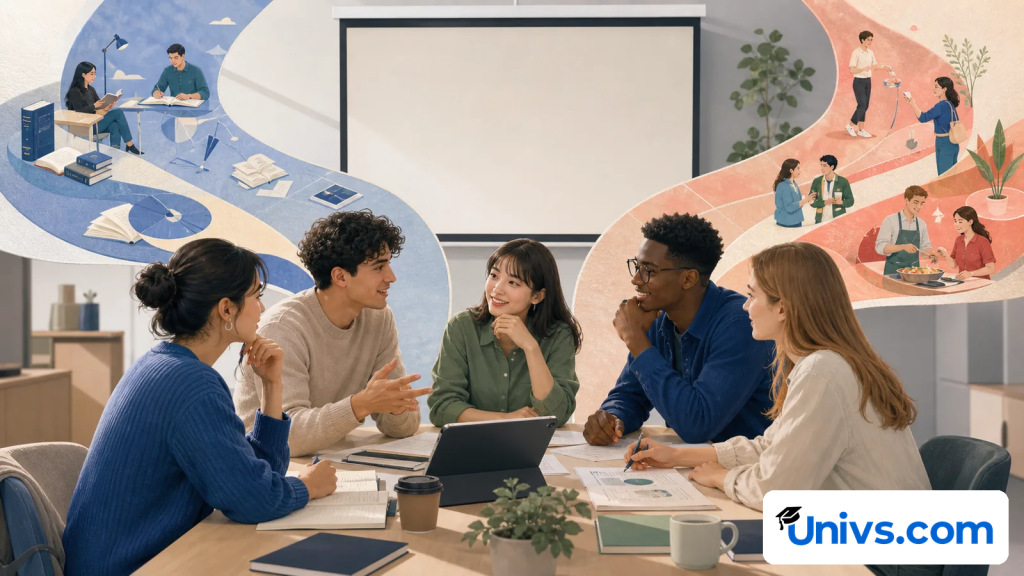 Students discuss language learning around a table beneath a blank presentation screen.