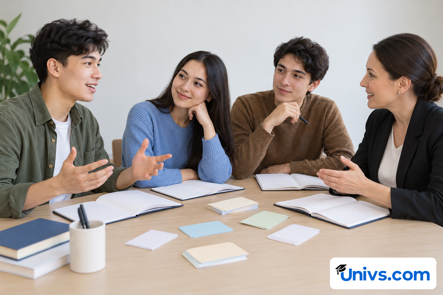 Three students practise conversation with an instructor around open exercise books.