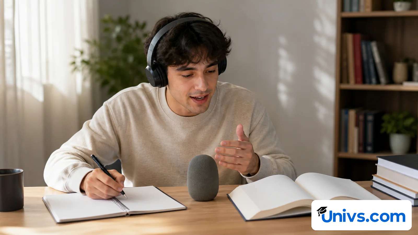 Student wearing headphones and speaking beside a notebook and open book.