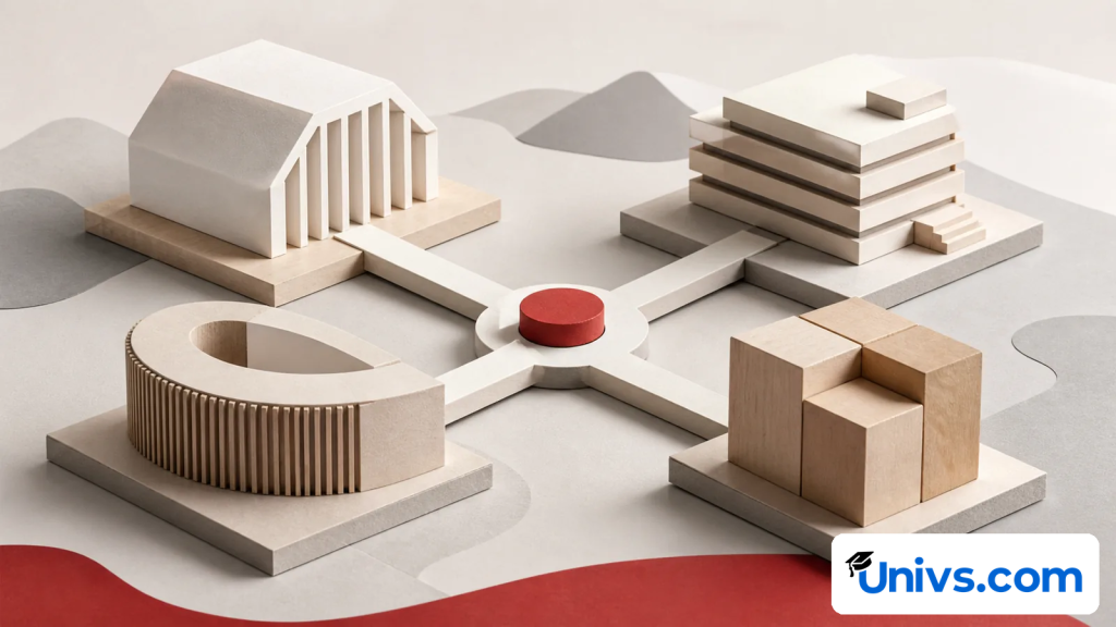 Four abstract study blocks connected by pathways in a clean editorial model.