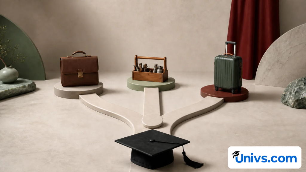 Graduation cap before branching paths to a briefcase, maker toolkit and travel suitcase.