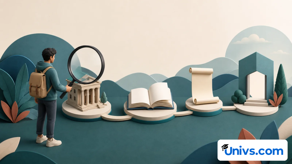 Student checking a university, programme and qualification pathway with a magnifying glass.