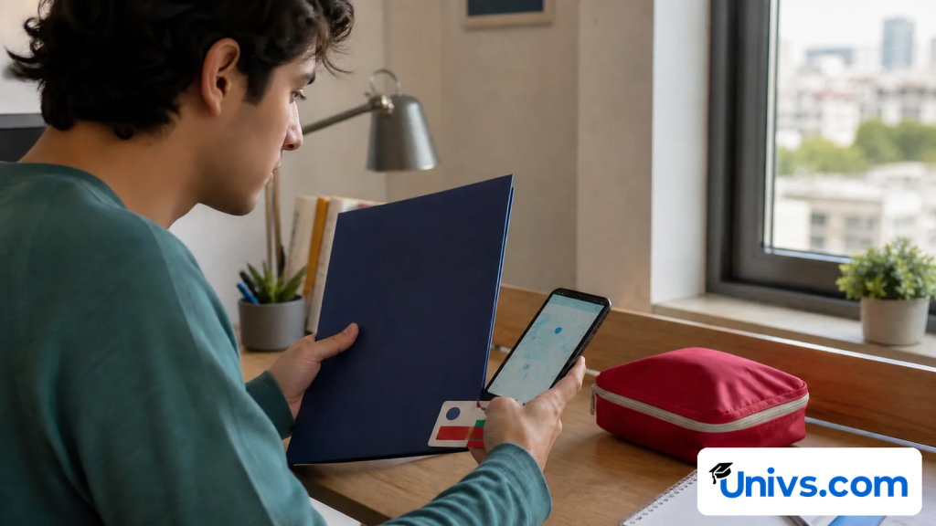 Student reviewing a phone and a plain folder at a desk.