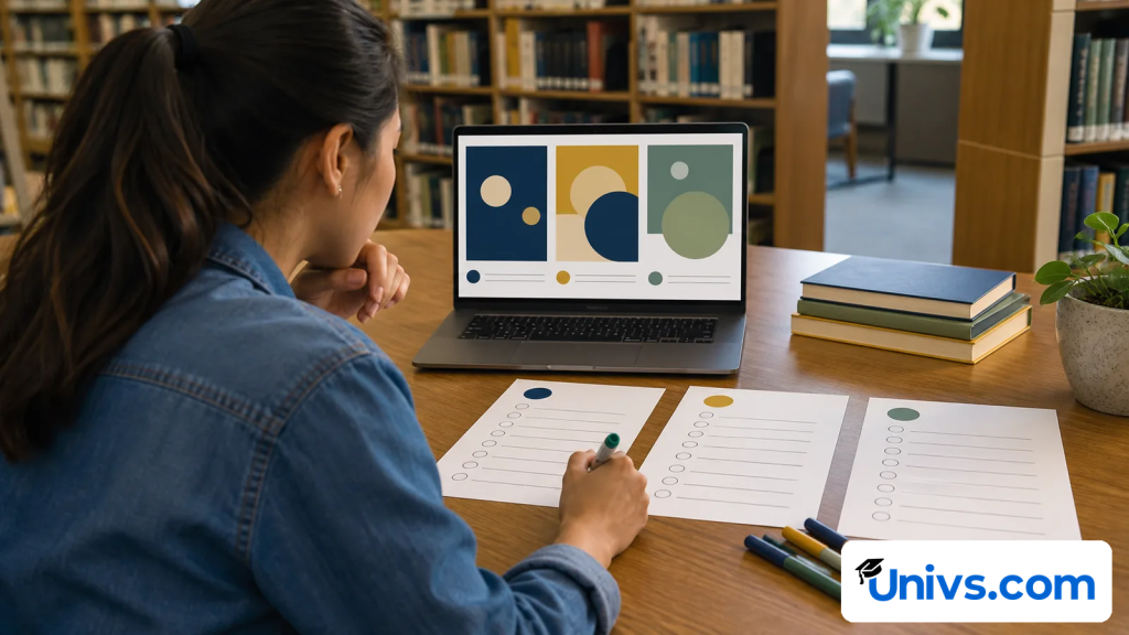 Student comparing three scholarship options on a laptop and blank evaluation sheets.