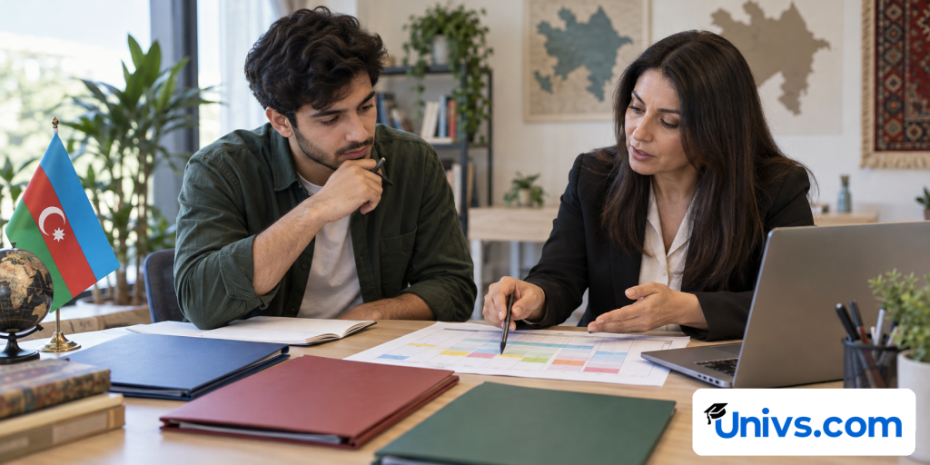 A prospective student and a financial-aid adviser reviewing a scholarship funding plan, with blank application folders, a colour-coded funding calendar and a plain laptop.