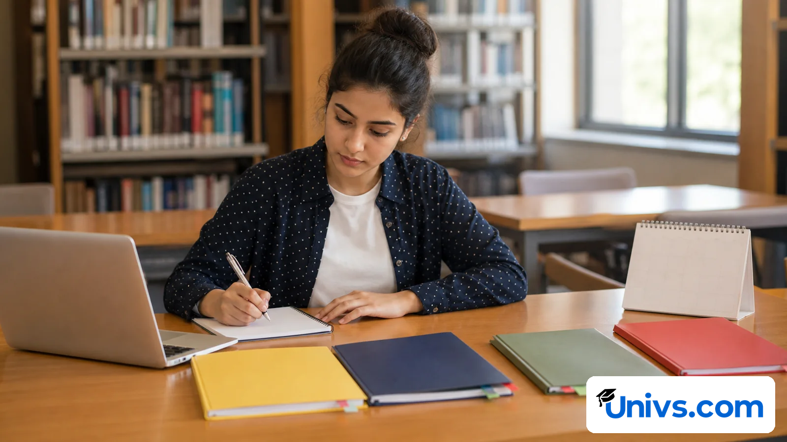 Student writing in a notebook beside a laptop, coloured books and a blank desk calendar.