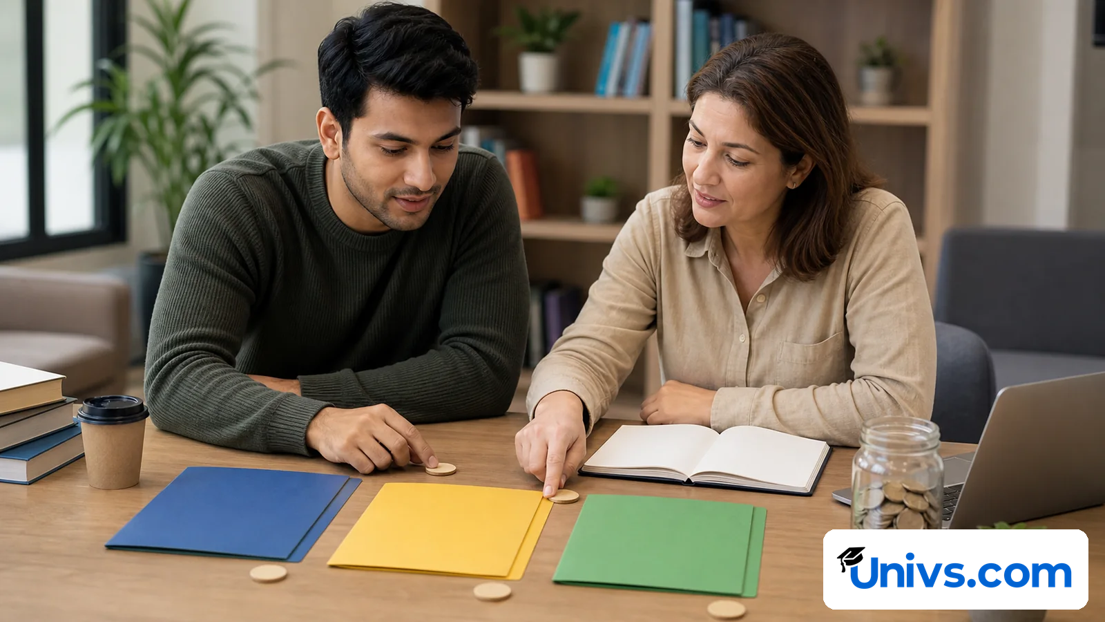 A student and adviser compare three coloured funding folders and savings tokens.