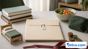 Blank scholarship folder surrounded by books, a bed model, meal, pouch and coins.