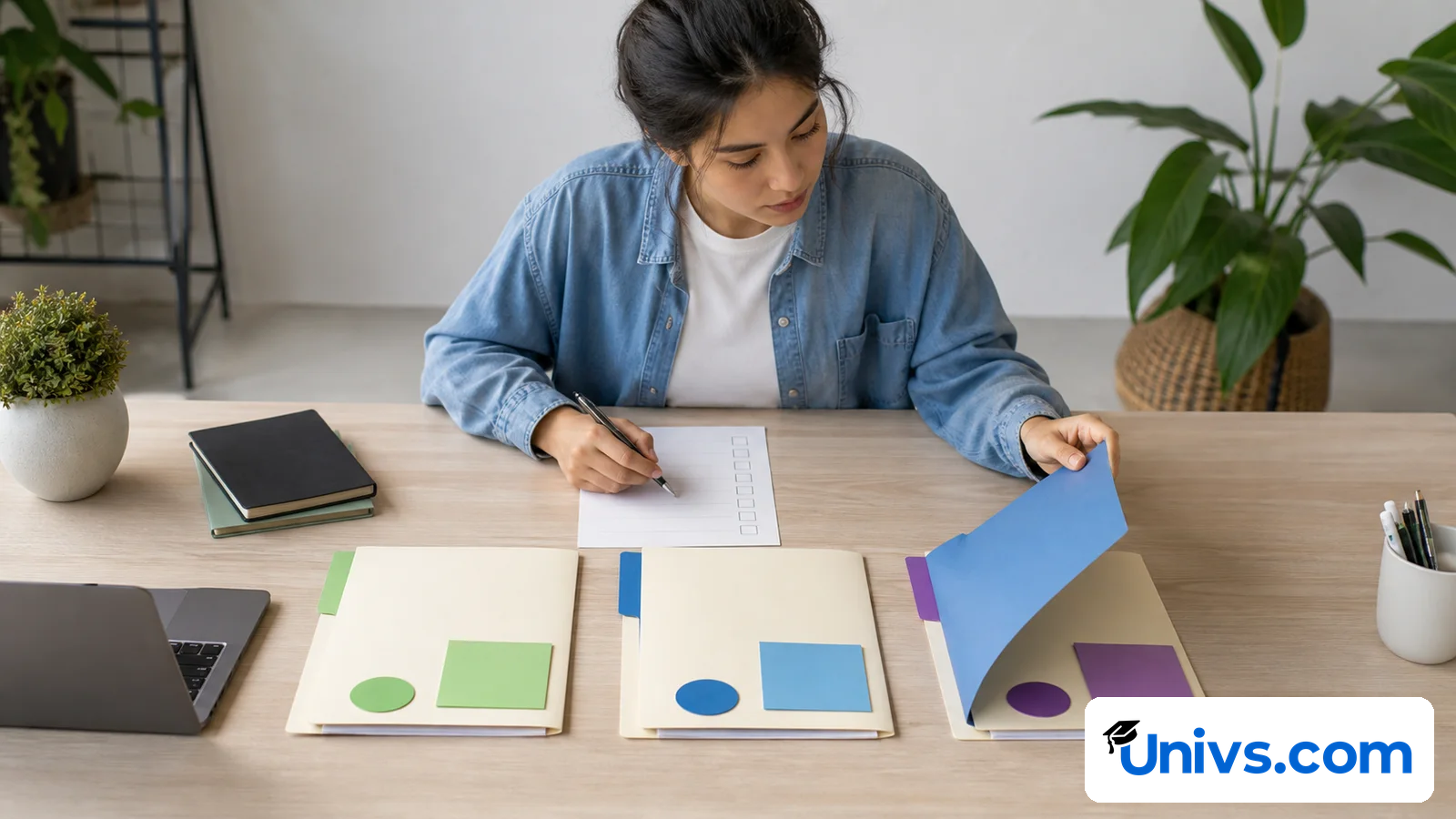 International student comparing three colour-coded scholarship folders and a blank checklist.