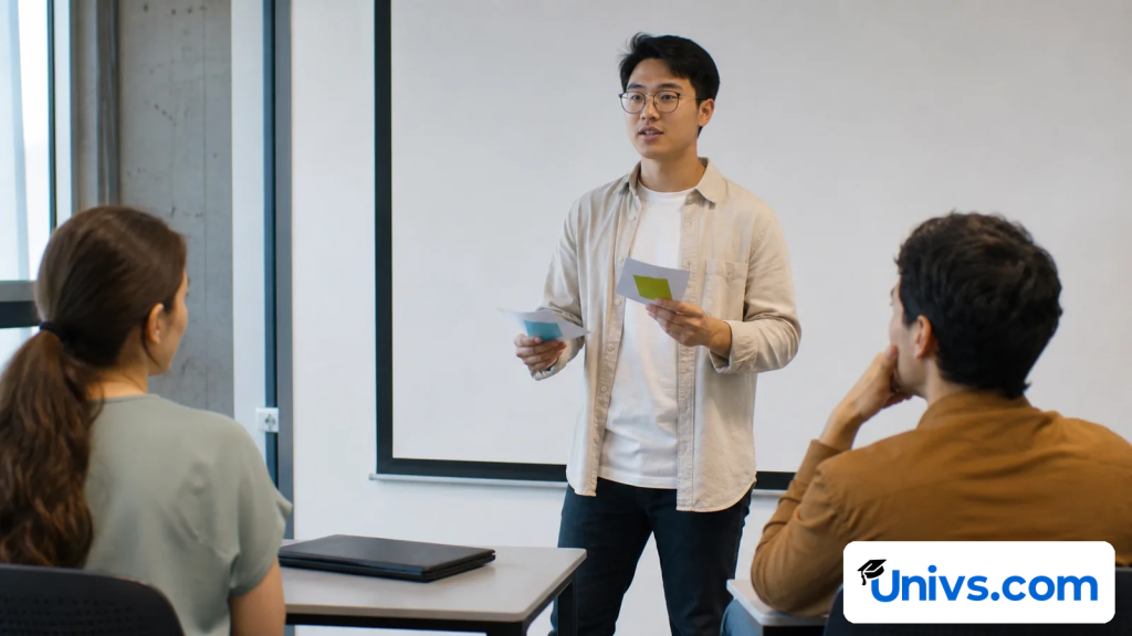 International student practising an academic presentation in an unbranded classroom.