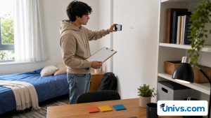 International student documenting a wall mark while inspecting a modest furnished room.