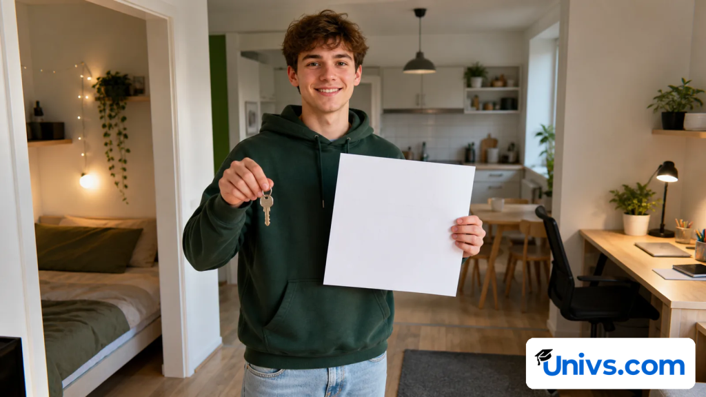 Student holding house keys in a modest shared apartment with sleeping, kitchen and study areas.