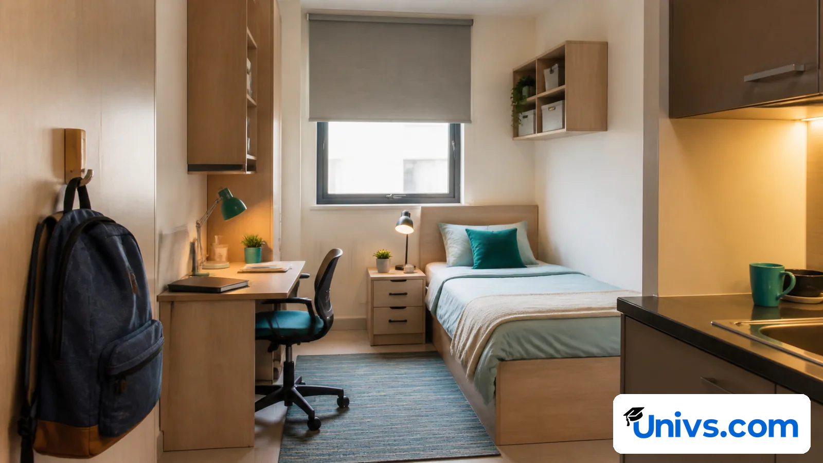 Modest furnished student room with a desk, bed and compact kitchenette.