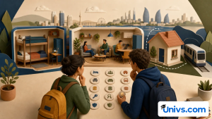 Students comparing a dorm room, shared flat and commuting option in a conceptual Baku scene.