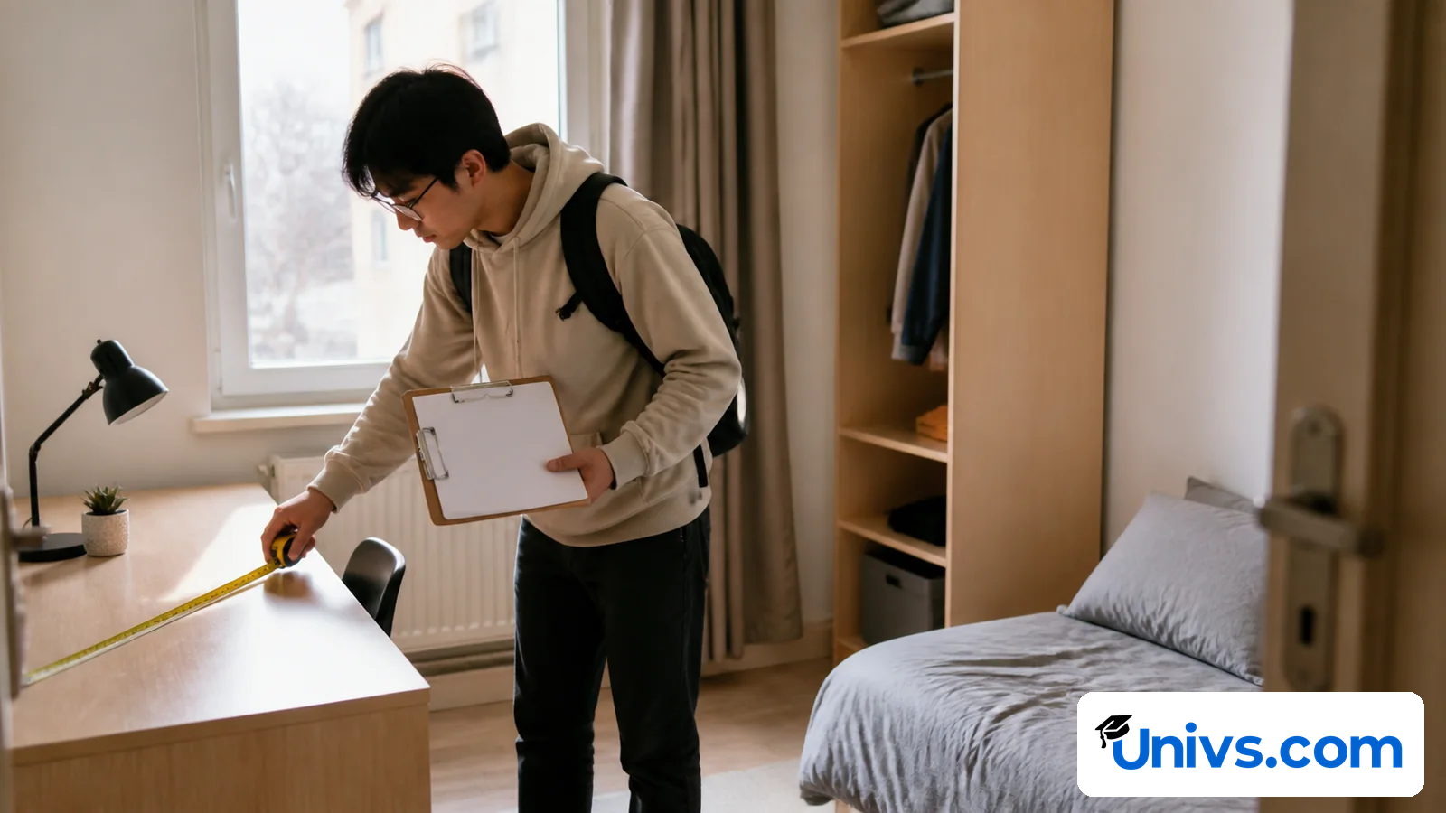 Student inspecting an ordinary furnished room with a blank accommodation checklist.