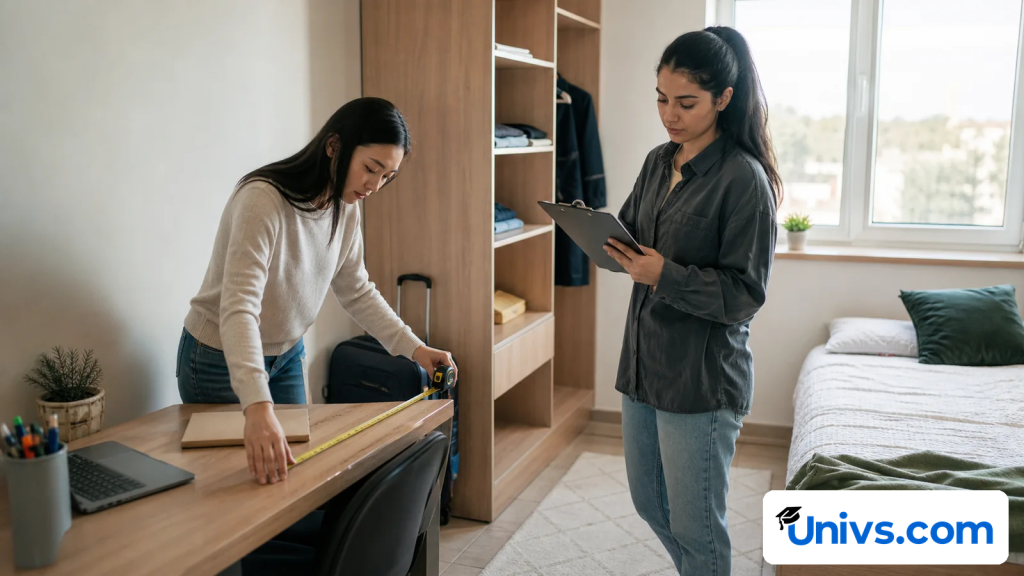 Two students inspect a modest room and measure the available desk space.