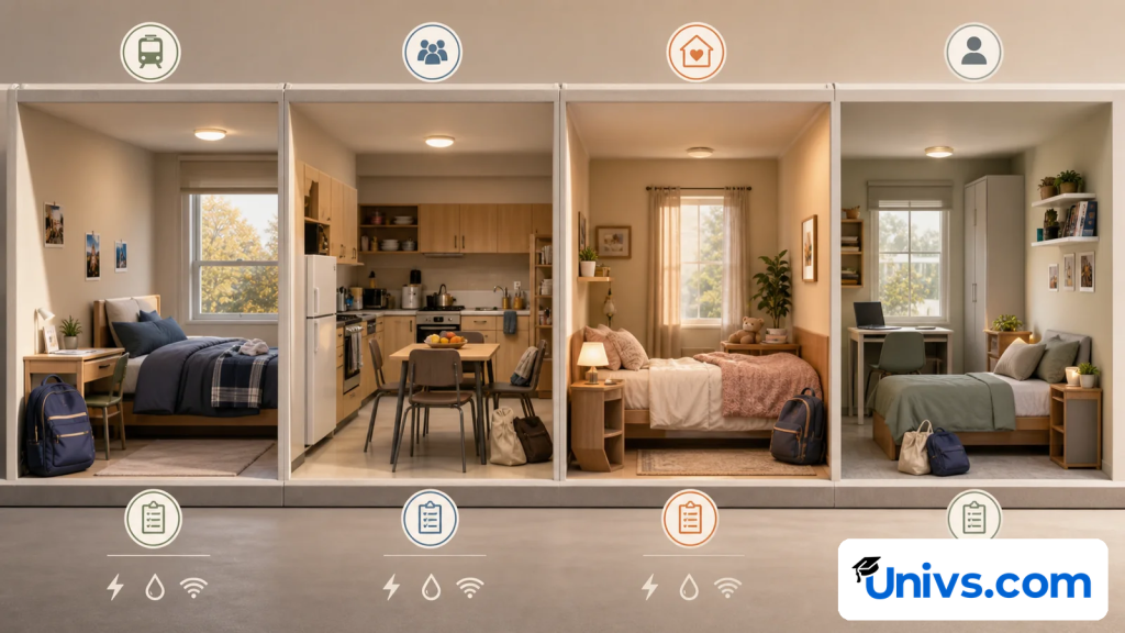 Four generic student housing interiors shown side by side for comparison.