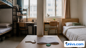 Compact dorm-style room and modest private room compared beside a key and blank plan.