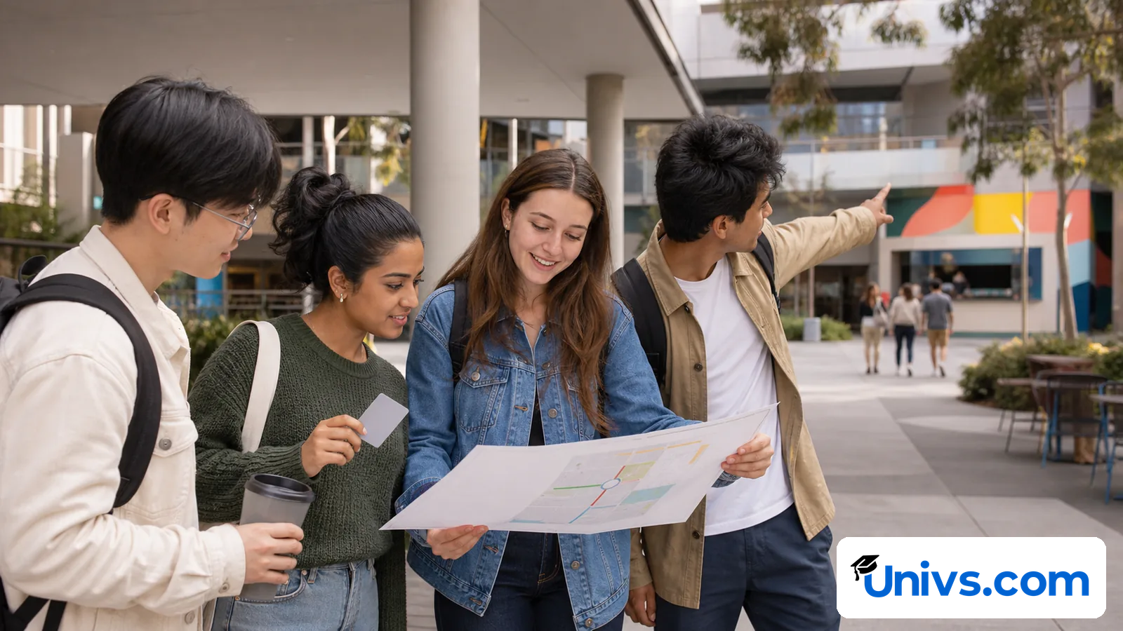 Four students using an orientation map in a campus courtyard.