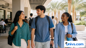 Three students walk and talk in a shaded campus common area.
