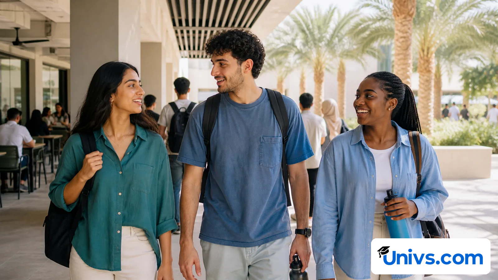 Three students walk and talk in a shaded campus common area.