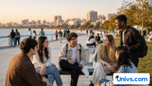 A group of young adults socializes beside an urban waterfront.