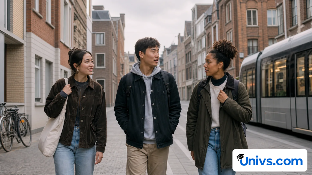 Three students walk along a European city street beside a tram.