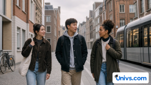 Three students walk along a European city street beside a tram.