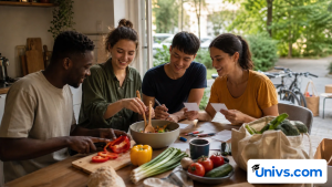 Four students prepare a shared meal and discuss blank cards at a table.