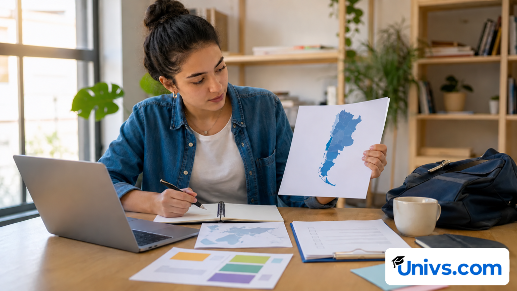 Student reviewing an Argentina map and study-planning materials at a desk.