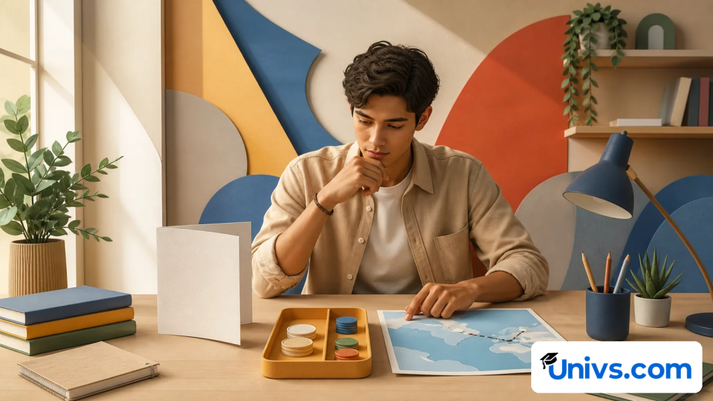 A student reviewing a map beside stacked books, a notebook and a tray of colored counters.