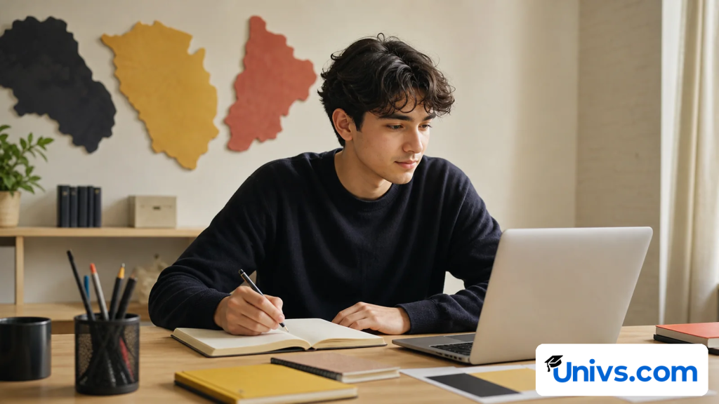 A student studies at a desk beneath stylized map shapes of Belgium.