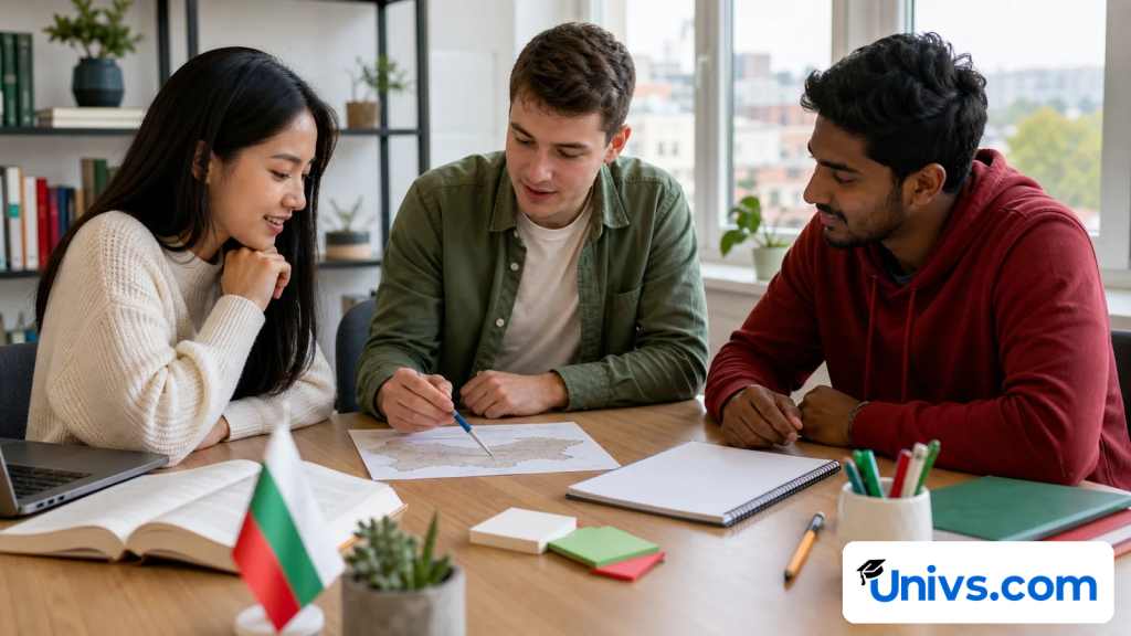 Three students discuss a map beside a small Bulgarian flag at a study table.
