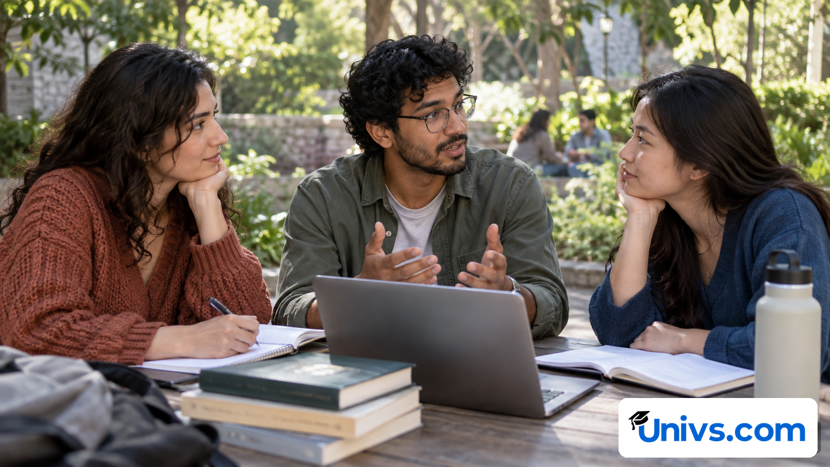 Three students talking at a courtyard table beside books, notebooks and a laptop.