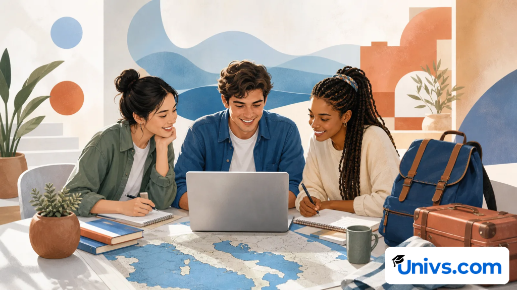 Illustrated students study a map of the Adriatic region beside luggage and notebooks.