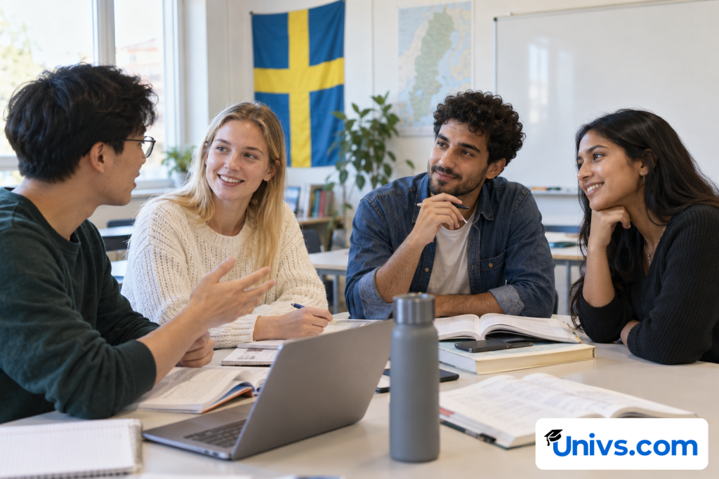 Four adults converse around books in a classroom with a Swedish flag and a world map.