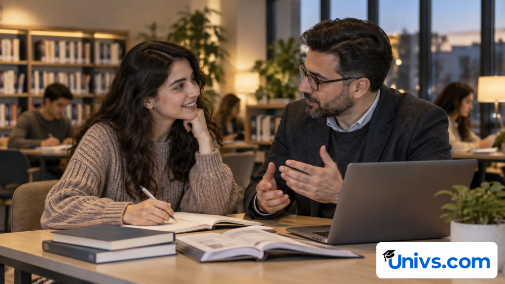 A student discussing course options with an academic adviser in a bright library meeting area